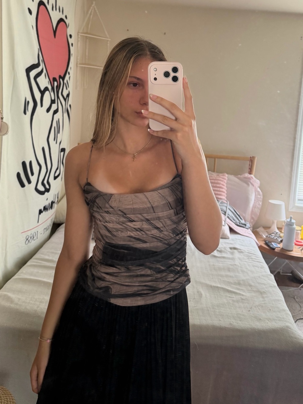 Zara Sheer Draped Cowl Neck Camisole in Taupe and Black